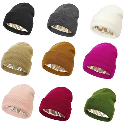 Unisex Satin-Lined Beanie Hat – Anti-Static Silk Lining Warm Knit Skull Cap for Winter & Hair Protection