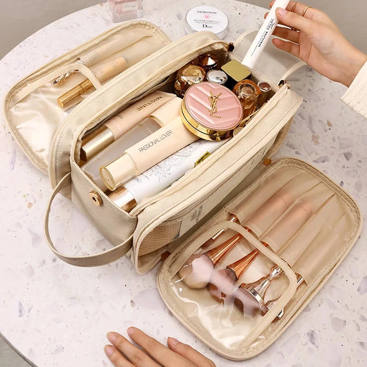 Large Capacity PU Leather Makeup Bag – Portable Double Zipper Travel Cosmetic & Toiletry Organizer for Women