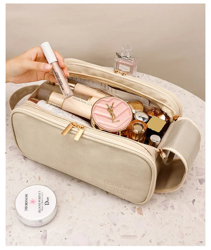Large Capacity PU Leather Makeup Bag – Portable Double Zipper Travel Cosmetic & Toiletry Organizer for Women