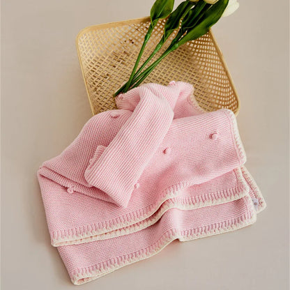 Knitted Cotton Swaddle Blanket for Baby with Knot Detail - Ivory, Beige, Pink, Grey & Baby Blue