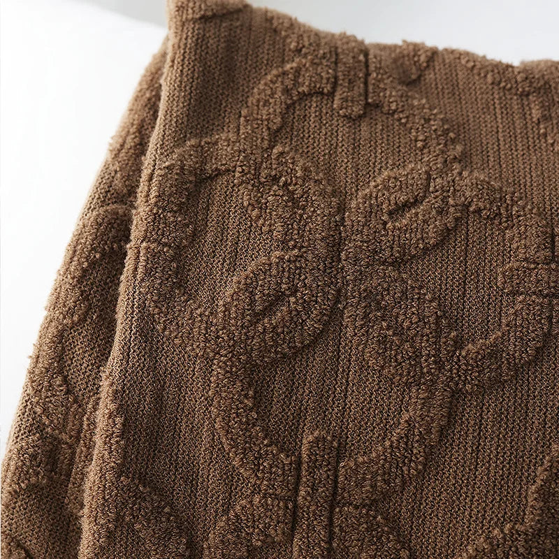 Large Knitted Jacquard Blanket Throw - White, Grey, Brown & Terracotta