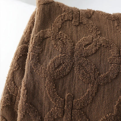 Large Knitted Jacquard Blanket Throw - White, Grey, Brown & Terracotta
