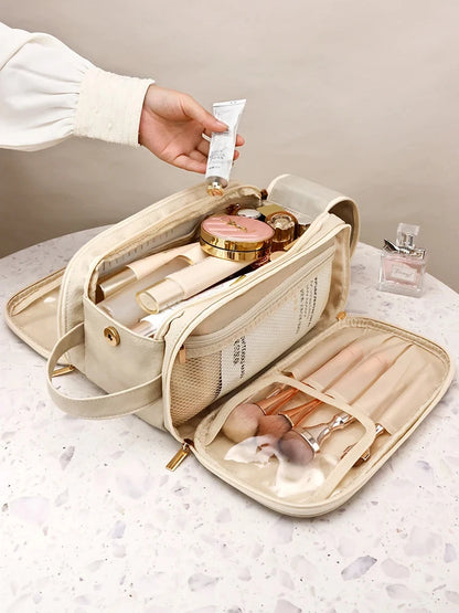Large Capacity PU Leather Makeup Bag – Portable Double Zipper Travel Cosmetic & Toiletry Organizer for Women