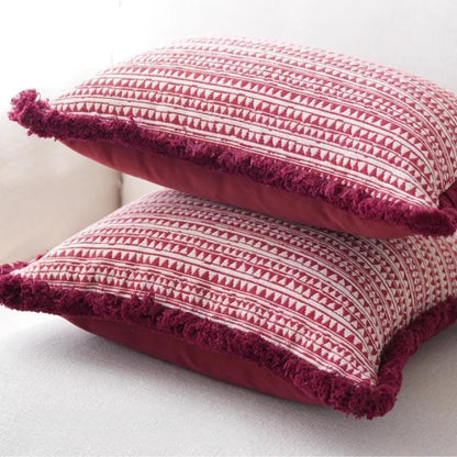 Luxurious Textured Burgundy Geometric Cushion Cover with Plush Frill Detail - 3 Sizes