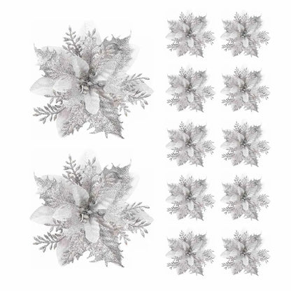 5/10pcs Glitter Poinsettia Christmas Flowers – Red, Pink & Gold Artificial Tree Ornaments for Holiday Home Décor