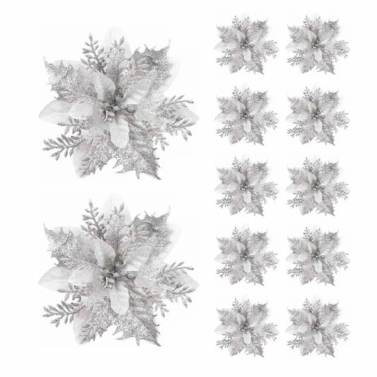 5/10pcs Glitter Poinsettia Christmas Flowers – Red, Pink & Gold Artificial Tree Ornaments for Holiday Home Décor