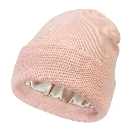 Unisex Satin-Lined Beanie Hat – Anti-Static Silk Lining Warm Knit Skull Cap for Winter & Hair Protection