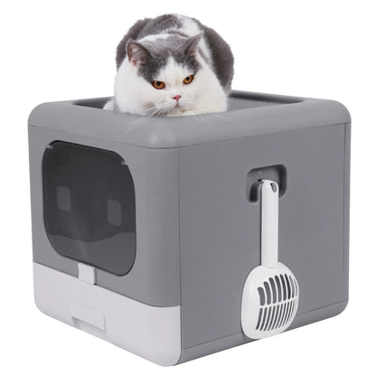 Foldable Enclosed Cat Litter Box – Sifting Kitten Toilet with Scoop, Tray & Front Entry Design