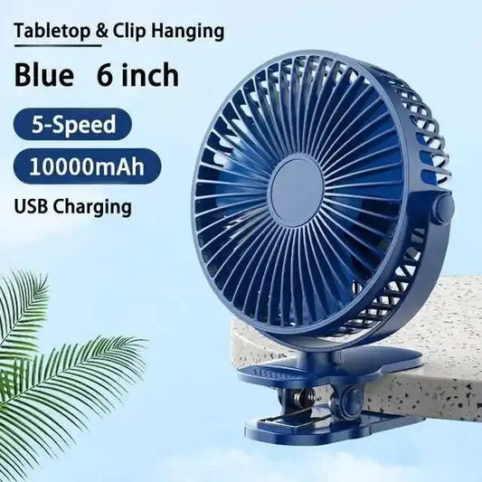 Clip-on Table Fan – Portable USB Rechargeable Desk Fan with 720° Rotation & 5 Speeds