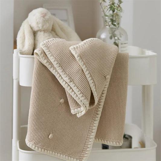 Knitted Cotton Swaddle Blanket for Baby with Knot Detail - Ivory, Beige, Pink, Grey & Baby Blue