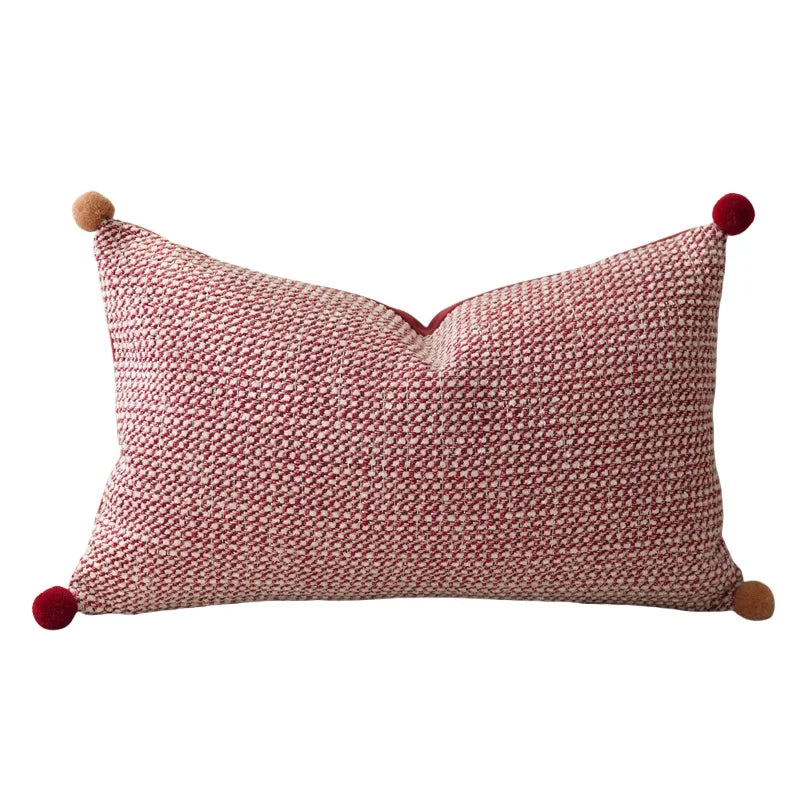 Luxurious Burgundy Textured Geometric Cushion Cover with Pom Pom Detail