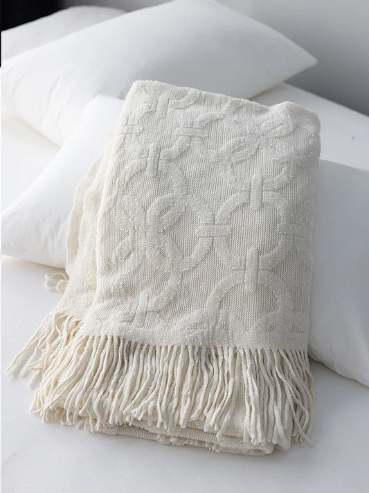 Large Knitted Jacquard Blanket Throw - White, Grey, Brown & Terracotta