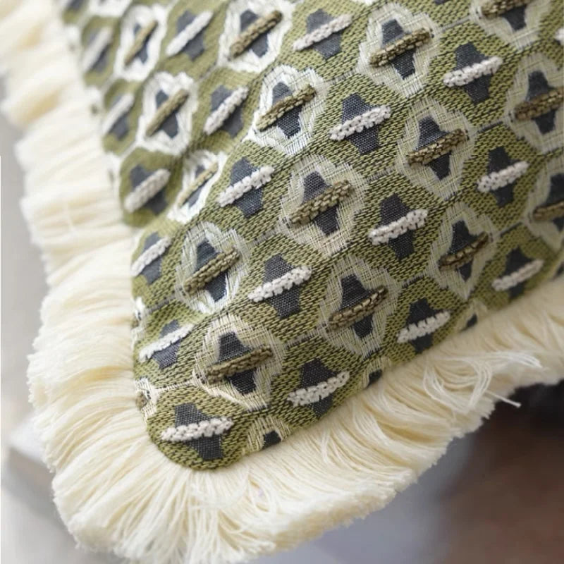 Modern Decorative Green Jacquard Geometric Cushion Cover with Frill - 3 Sizes