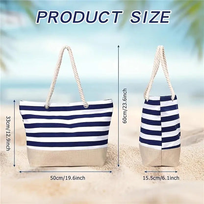 Summer Canvas Striped Tote Bag – Large Beach Shoulder Bag with Zipper for Travel & Swimming