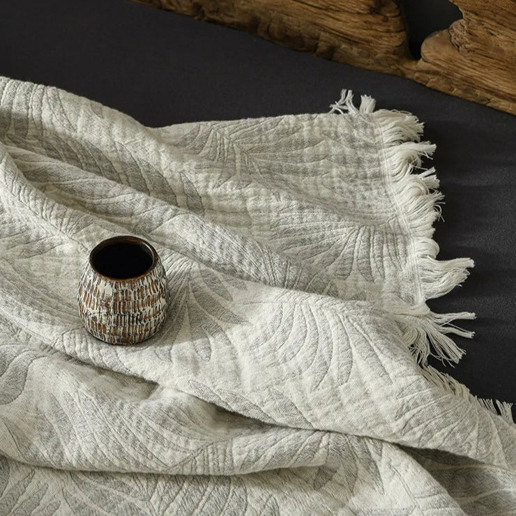 Pure Muslin Cotton Throw with Decorative Pattern & Tassels - White, Beige, Grey & Pink