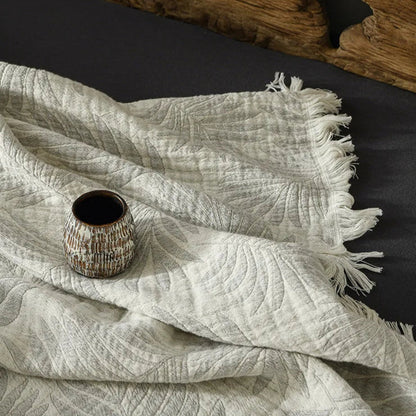 Pure Muslin Cotton Throw with Decorative Pattern & Tassels - White, Beige, Grey & Pink