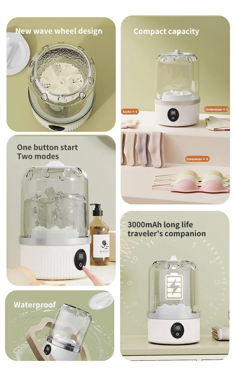 Wireless Mini Washing Machine – 1L Portable Underwear & Socks Cleaner with Dehydration Function