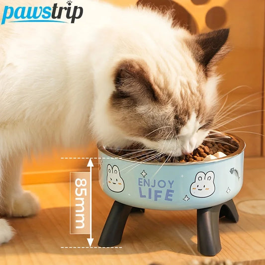 Cartoon Raised Cat Bowl – Anti-Tip Pet Feeding Dish for Cats & Small Dogs with Neck Protection Design