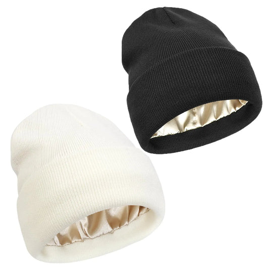 Unisex Satin-Lined Beanie Hat – Anti-Static Silk Lining Warm Knit Skull Cap for Winter & Hair Protection