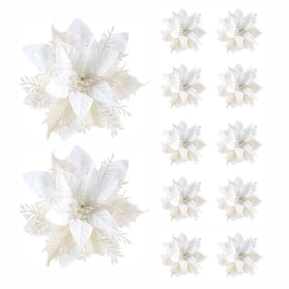 5/10pcs Glitter Poinsettia Christmas Flowers – Red, Pink & Gold Artificial Tree Ornaments for Holiday Home Décor
