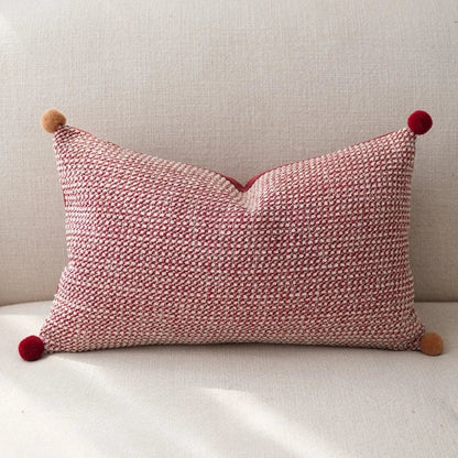 Luxurious Burgundy Textured Geometric Cushion Cover with Pom Pom Detail