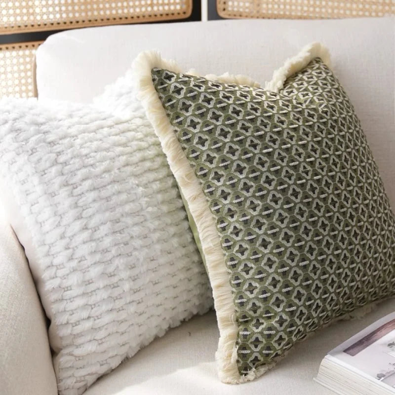 Modern Decorative Green Jacquard Geometric Cushion Cover with Frill - 3 Sizes