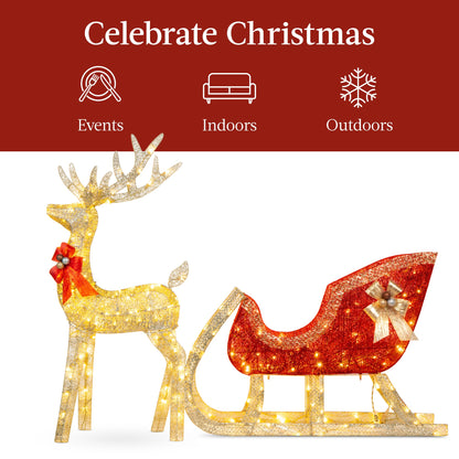 XL Lighted Christmas Reindeer & Sleigh Outdoor Decor Set w/ LED Lights