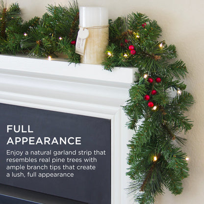9ft Pre-Lit Christmas Garland w/ 50 Lights, Pine Cones, Berries