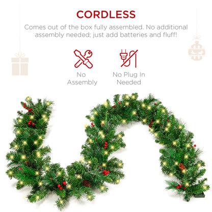 9ft Pre-Lit Christmas Garland w/ 50 Lights, Pine Cones, Berries