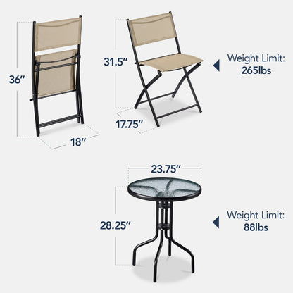3-Piece Bistro Set w/ Glass Table, 2 Foldable Chairs