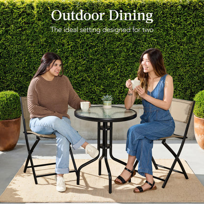 3-Piece Bistro Set w/ Glass Table, 2 Foldable Chairs