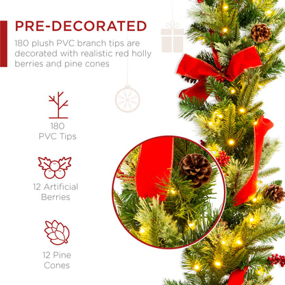 9ft Pre-Lit Christmas Garland w/ 50 Lights, Pine Cones, Berries