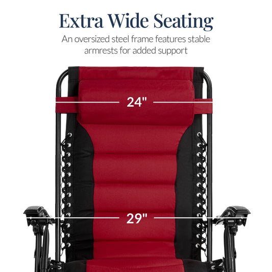 Oversized Padded Zero Gravity Chair, Folding Recliner w/ Headrest, Side Tray