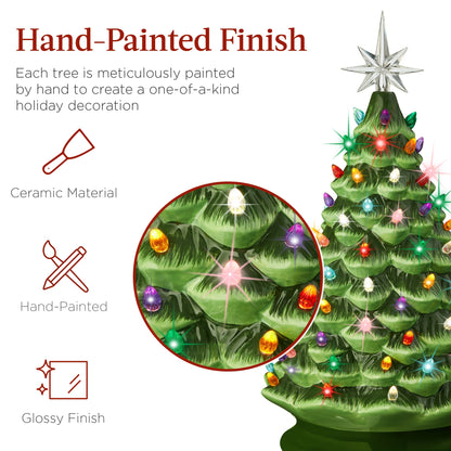 Large Pre-Lit Ceramic Christmas Tree Decoration w/ LED Light, Timer - 18in