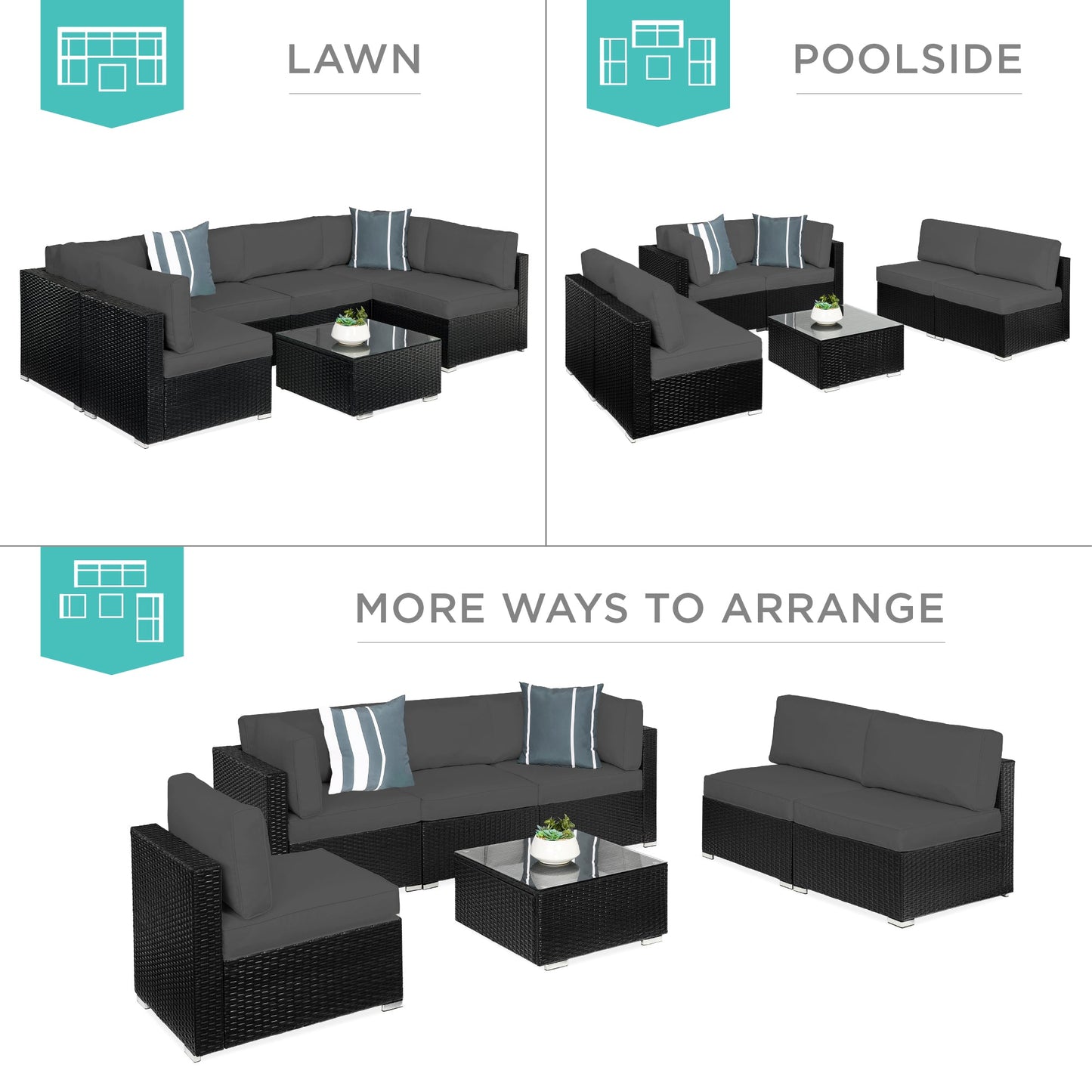 7-Piece Modular Wicker Sectional Conversation Set w/ 2 Pillows, Cover