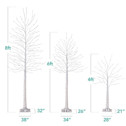 Set of 3 Lighted Twig Birch Trees, 4ft, 6ft, 8ft w/ 300 2-in-1 LEDs