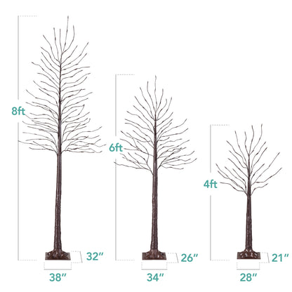 Set of 3 Lighted Twig Birch Trees, 4ft, 6ft, 8ft w/ 300 2-in-1 LEDs