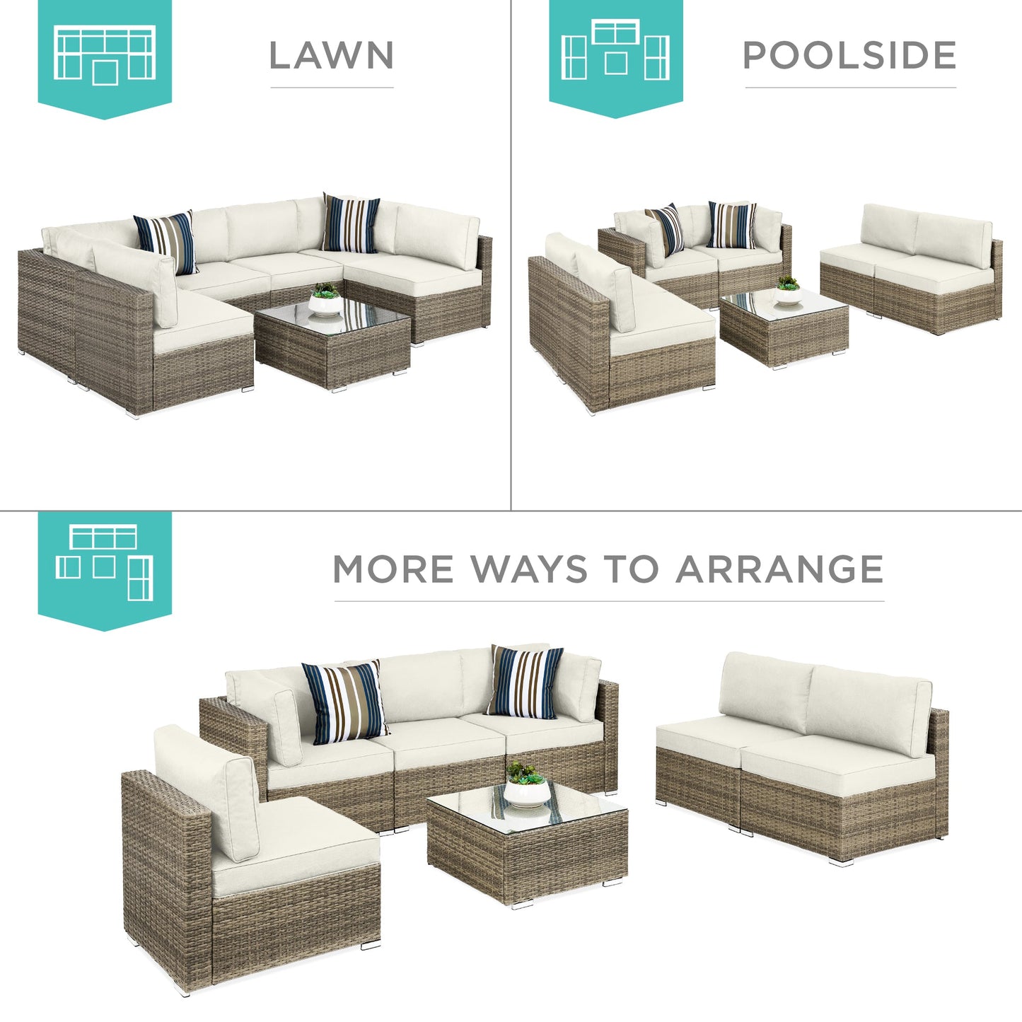 7-Piece Modular Wicker Sectional Conversation Set w/ 2 Pillows, Cover