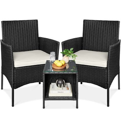 3-Piece Outdoor Patio Wicker Bistro Set w/ Side Storage Table
