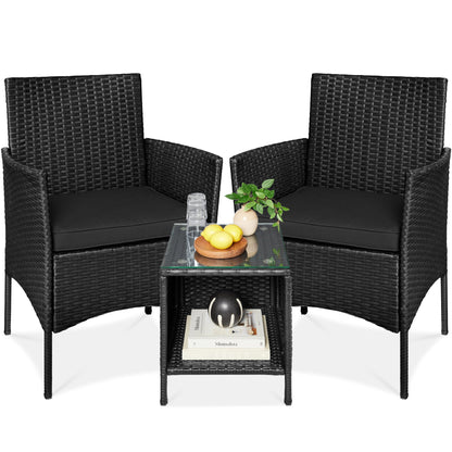 3-Piece Outdoor Patio Wicker Bistro Set w/ Side Storage Table