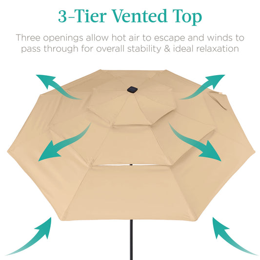 3-Tier Solar Patio Umbrella w/ LED Lights, Tilt Adjustment, Crank - 10ft