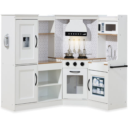 Pretend Play Corner Kitchen Wooden Toy Set for Kids w/ Lights, Sounds