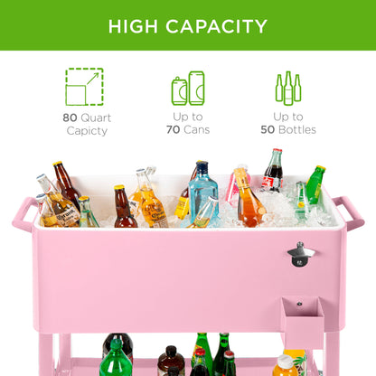Portable Rolling Cooler Cart w/ Bottle Opener, Catch Tray - 80qt
