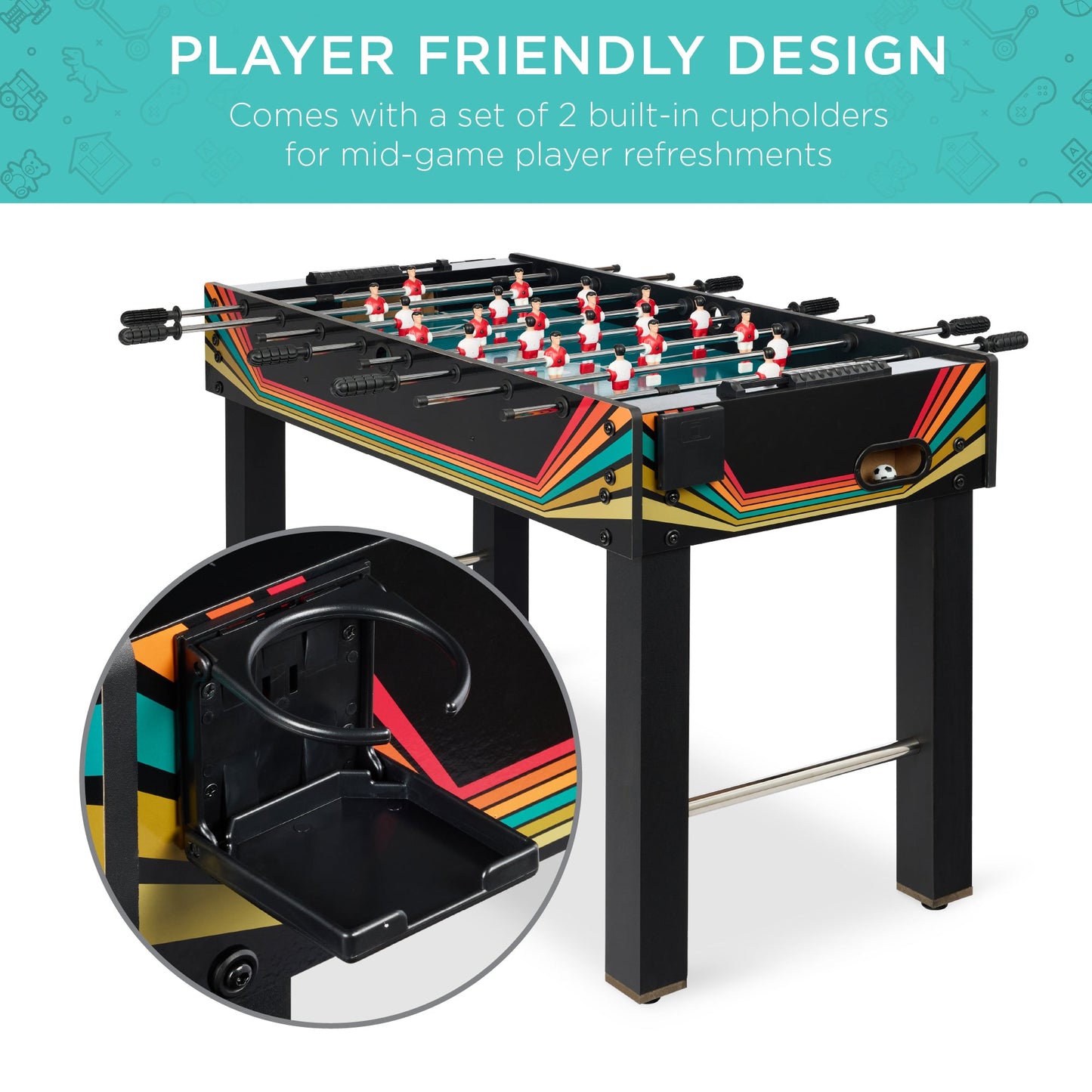 Foosball Game Table, Arcade Table Soccer w/ 2 Cup Holders, 2 Balls - 48in