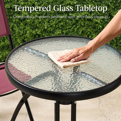 3-Piece Bistro Set w/ Glass Table, 2 Foldable Chairs