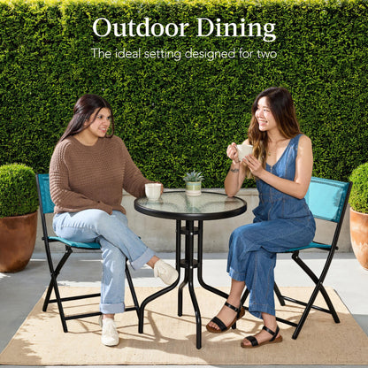 3-Piece Bistro Set w/ Glass Table, 2 Foldable Chairs
