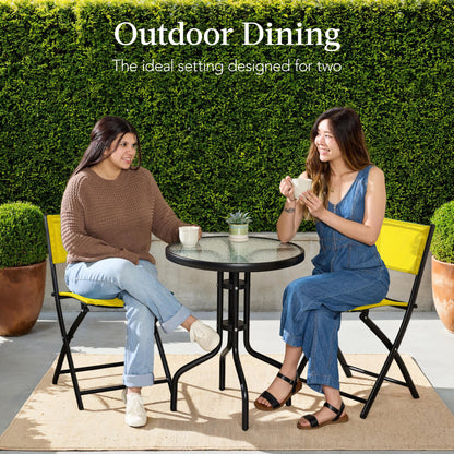 3-Piece Bistro Set w/ Glass Table, 2 Foldable Chairs