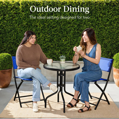 3-Piece Bistro Set w/ Glass Table, 2 Foldable Chairs
