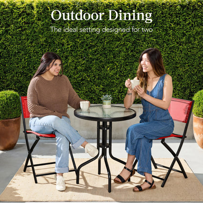 3-Piece Bistro Set w/ Glass Table, 2 Foldable Chairs
