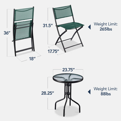 3-Piece Bistro Set w/ Glass Table, 2 Foldable Chairs